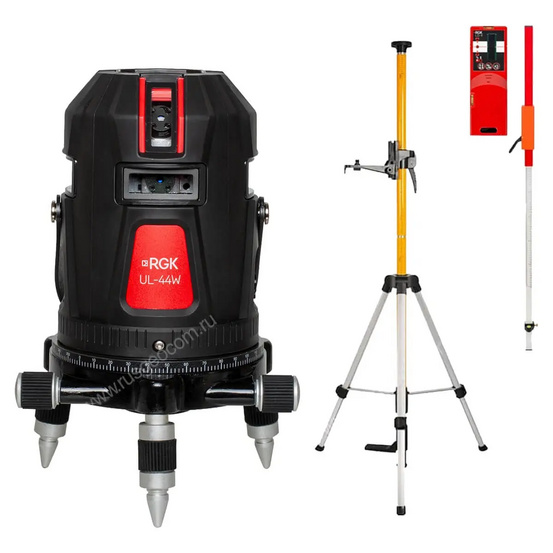 Комплект: лазерный уровень RGK UL-44W Black с калибровкой + штанга-упор, приемник, рейка