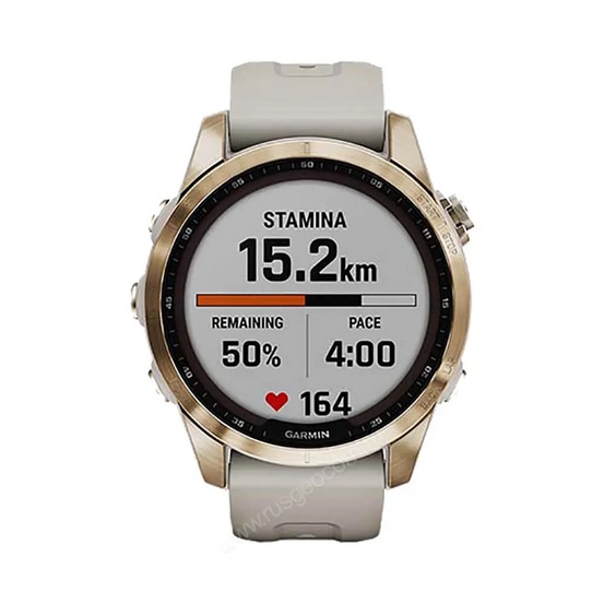 Часы Garmin Fenix 7S Sapphire Solar титановый кремово-золотой с светло-песочным силиконовым ремешком
