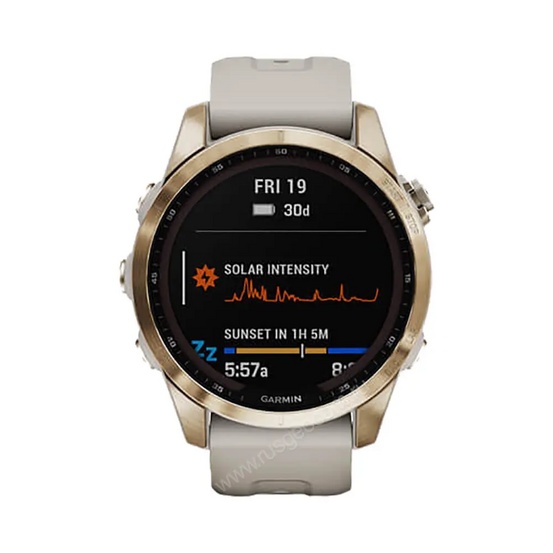 Часы Garmin Fenix 7S Sapphire Solar титановый кремово-золотой с светло-песочным силиконовым ремешком