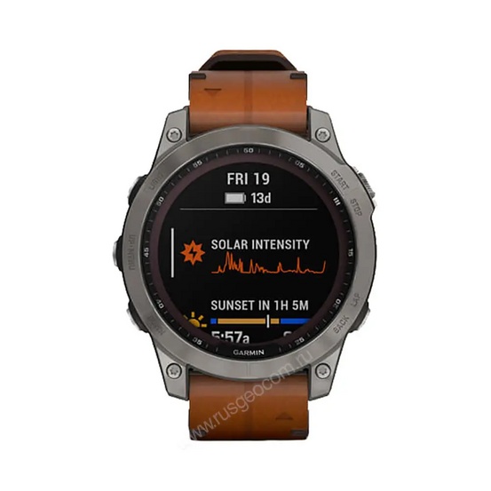 Часы Garmin Fenix 7 Sapphire Solar титановый серый с коричневым кожаным ремешком
