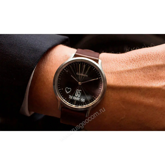 Часы Garmin Vivomove HR серебряные с темно-коричневым кожаным ремешком