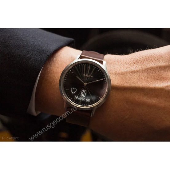 Часы Garmin Vivomove HR серебряные с темно-коричневым кожаным ремешком