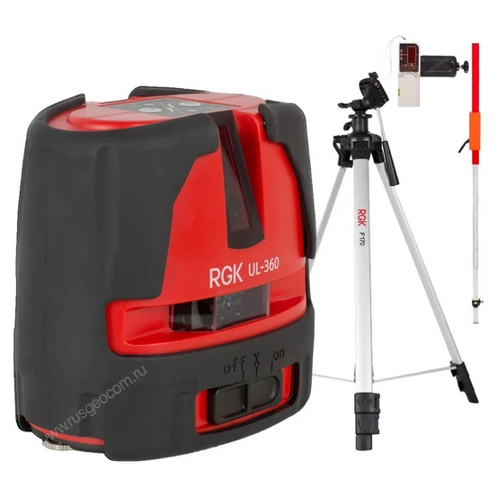 Комплект: лазерный уровень RGK UL-360 с калибровкой + штатив RGK F170, приемник RGK LD-5, рейка RGK LR-2