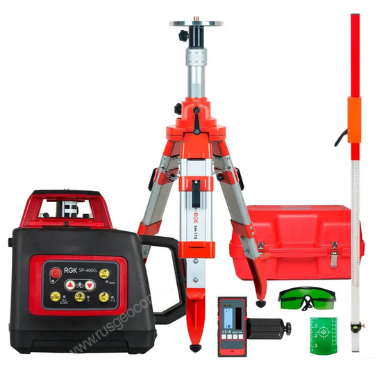 Комплект: ротационный нивелир RGK SP-400G с калибровкой + штатив RGK SH-170, рейка RGK LR-2
