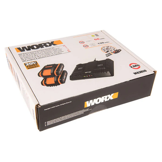 Комплект WORX WA3610: двойное зарядное устройство WA3772 + 2 АКБ 2.0 А/ч