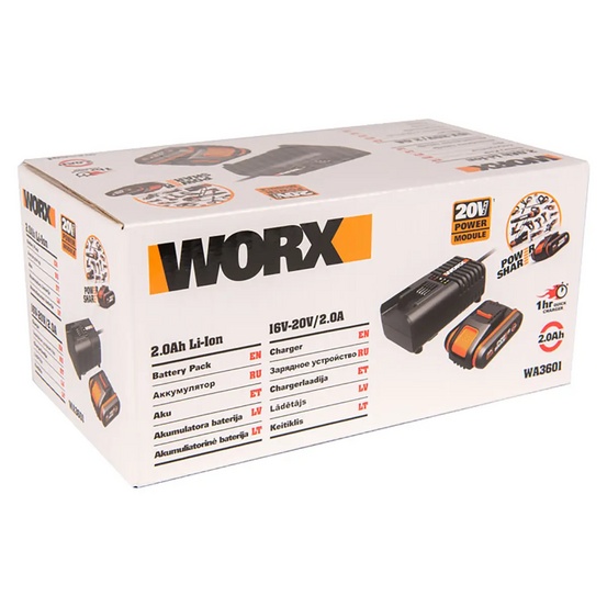 Комплект WORX WA3601: 1 аккумулятор 2 Ач и зарядное устройство на 2А