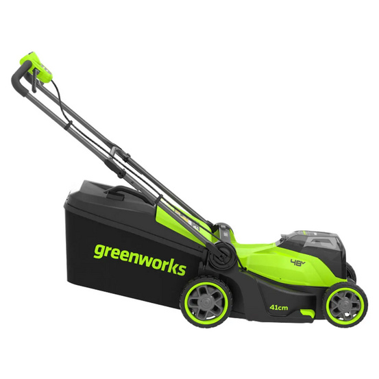 Аккумуляторная газонокосилка Greenworks GD24X2LM411 бесщеточная, 24V с АКБ 2х4 Ач + ЗУ 4А быстрое