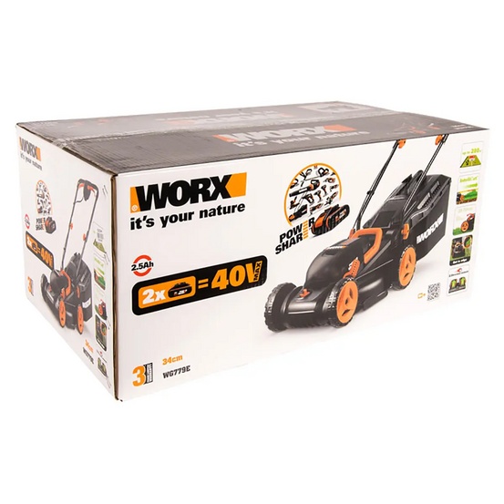 Газонокосилка аккумуляторная WORX WG779E 34см, 40V, 2,5Ач х2, ЗУ