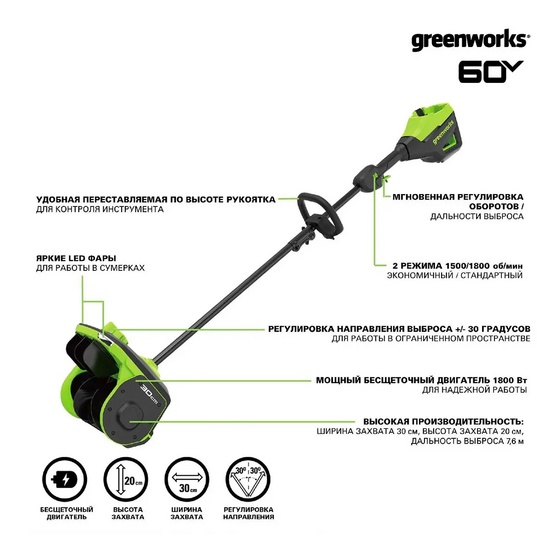 Снегоуборщик аккумуляторный Greenworks GD60SS2 с АКБ 8 А.ч. + ЗУ 10А двойное