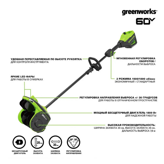 Снегоуборщик аккумуляторный Greenworks GD60SS2 с АКБ 4 А.ч., без ЗУ