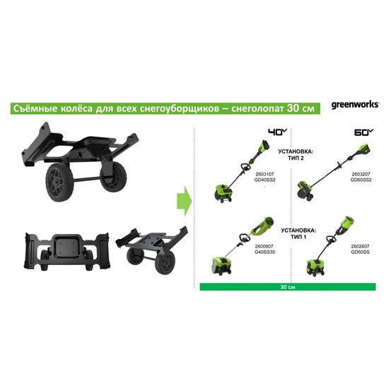 Съемные колеса 2964207 для снегоуборочных лопат Greenworks