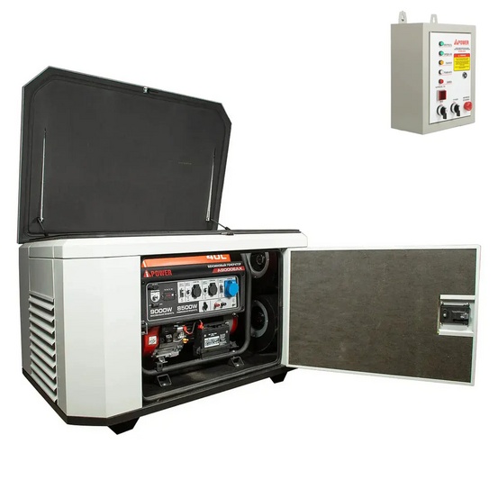 Генератор A-iPower A9000EAX в супертихом зимнем кожухе 1400SS RAL 7035 + блок автозапуска A-iPower 230 В, 50 А
