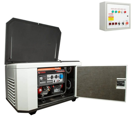Генератор A-iPower A9000EAX в супертихом зимнем кожухе 1400SS RAL 7035 + блок автозапуска A-iPower 230В/400В 100А 8 ПИН