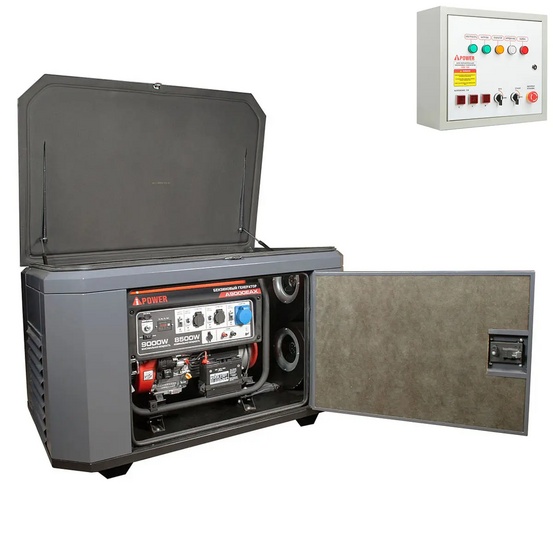 Генератор A-iPower A9000EAX в супертихом зимнем кожухе 1400SS RAL 7024 + блок автозапуска A-iPower 230В/400В 100А 8 ПИН