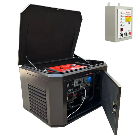 Генератор A-iPower A8000EAX в супертихом зимнем кожухе 1400SS RAL 8019 + блок автозапуска A-iPower 230 В, 50 А