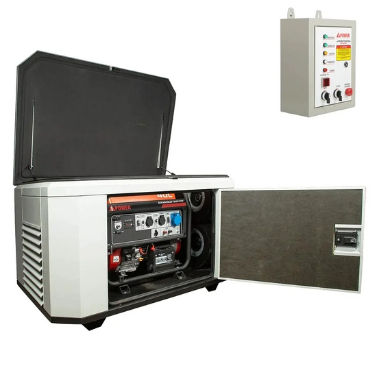 Генератор A-iPower A8000EAX в супертихом зимнем кожухе 1400SS RAL 7035 + блок автозапуска A-iPower 230 В, 50 А