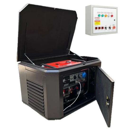 Генератор A-iPower A6000EAX в супертихом зимнем кожухе 1400SS RAL 8019 + блок автозапуска A-iPower 230В/400В 100А 8 ПИН