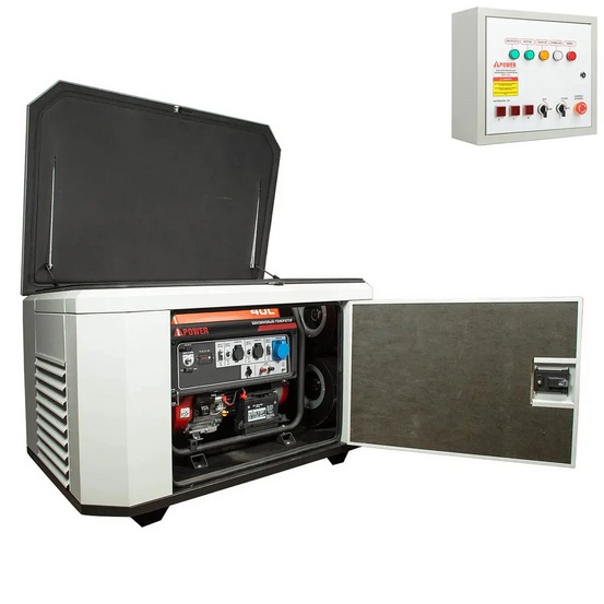 Генератор A-iPower A6000EAX в супертихом зимнем кожухе 1400SS RAL 7035 + блок автозапуска A-iPower 230В/400В 100А 8 ПИН