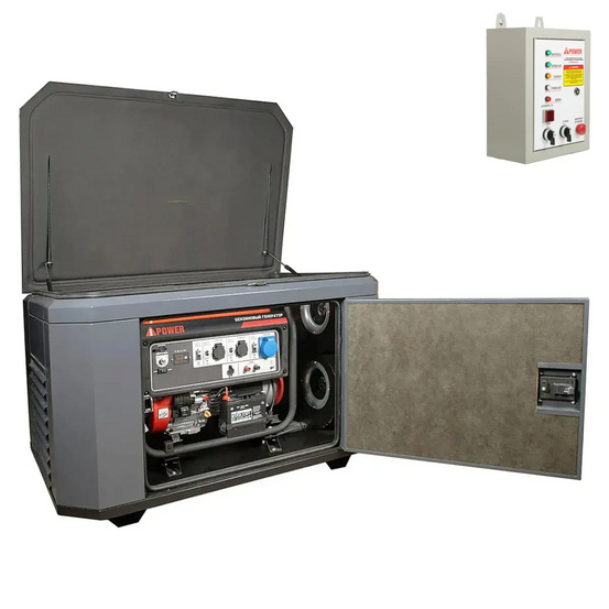 Генератор A-iPower A6000EAX в супертихом зимнем кожухе 1400SS RAL 7024 + блок автозапуска A-iPower 230 В, 50 А