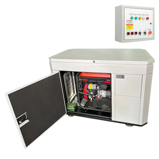 Бензиновый генератор A-iPower A13000EAX в тихом зимнем кожухе 1600 RAL 7035 + блок автозапуска A-iPower 230В/400В 100А 8 ПИН